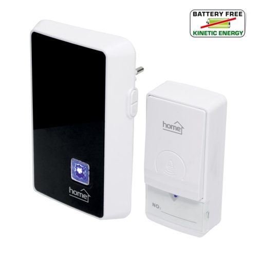 Home DBK1010AC vezeték nélküli csengő, elem nélküli, 100m hatótáv, 20 dallam, 3-fokozatú hangerő, kék LED, kinetikus nyomógomb, 230V-os tápellátás