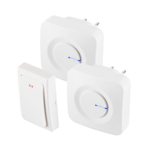 HOME DBKS1001AC vezeték és elem nélküli csengő készlet, 1x nyomógomb + 2x csengő, 100m hatótáv, 36 dallam, szabályozható hangerő, IP44, fényjelzés, kinetikus nyomógomb