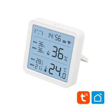   Home HSTHC hő- és páratartalom mérő, óra, nagy LCD kijelző, Smart Life, Tuya Smart, okos otthon, telefonos értesítés, automatizálás, eszközvezérlés, riasztás