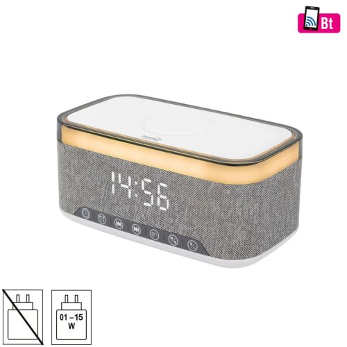 HOME LTCR06 multimédia lejátszó és ébresztőóra, 2x5 Watt, Qi telefontöltés, Bluetooth TWS, FM rádió, LED kijelző, beépített akkumulátor