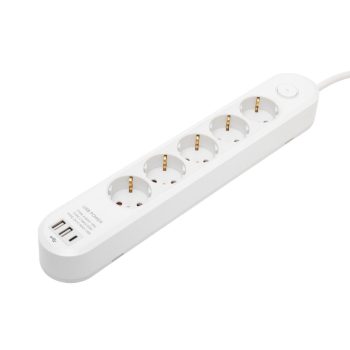   HOME NV5K3USBC hálózati elosztó, 3 m, H05VV-F 3G1,5 mm2 kábel, 5 védőérintkezős aljzat, USB töltőaljzat, max. 3680W, kétpólusú kapcsoló, beltéri kivitel