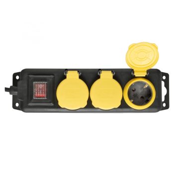   Home NVO 03K-5/BK/1,5 hálózati elosztó, 5 m, kapcsolós, H05RR-F 3G1,5 mm2, gumikábel, IP44 védelem, 3 aljzat gyermekvédelemmel és zárófedéllel, max. 3500W