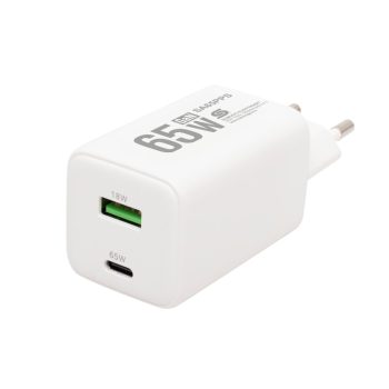  HOME SA65PPS USB hálózati szupergyors töltő, 65Watt, 2in1: USB-A + USB-C aljzat, QC + PD + PPS gyorstöltés, GaN technológia